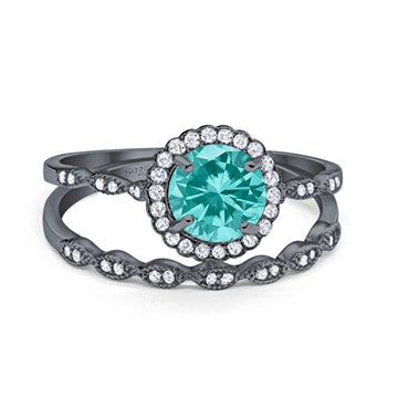 Halo Engagement Ring Two Piece Black Tone Paraiba Tourmaline CZ 925 Sterling Silver